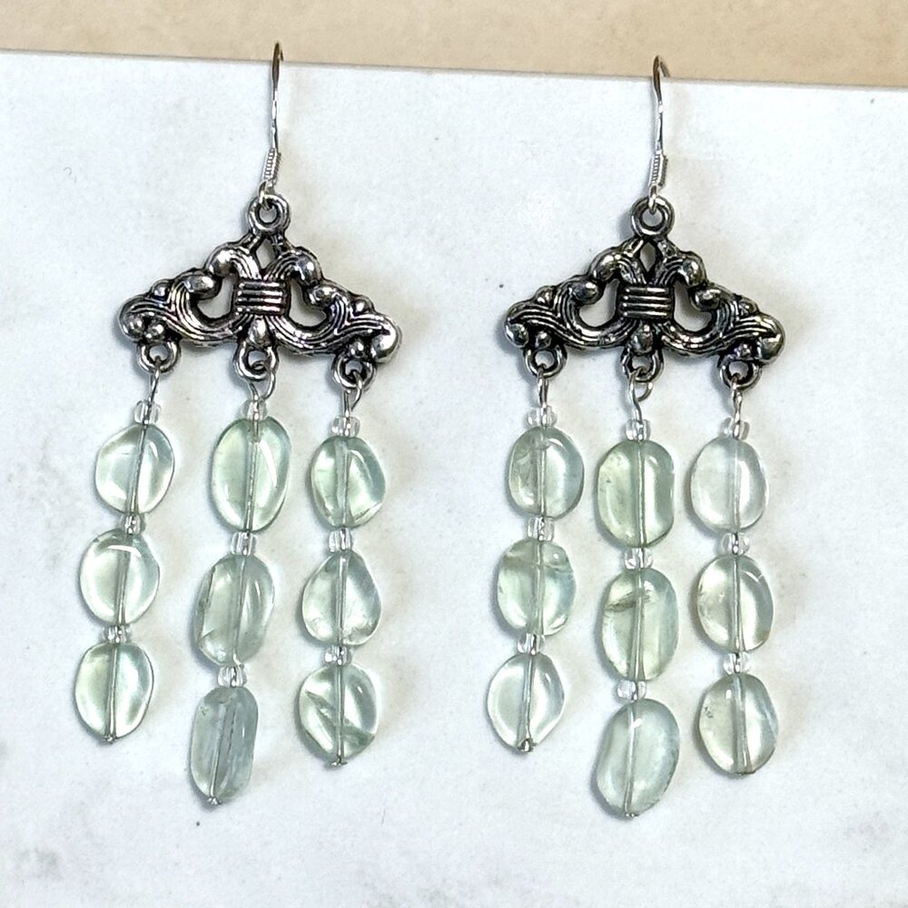 2/20$, Light Green Fluorite Earrings, Genuine Gemstone & Sterling Silver Hooks